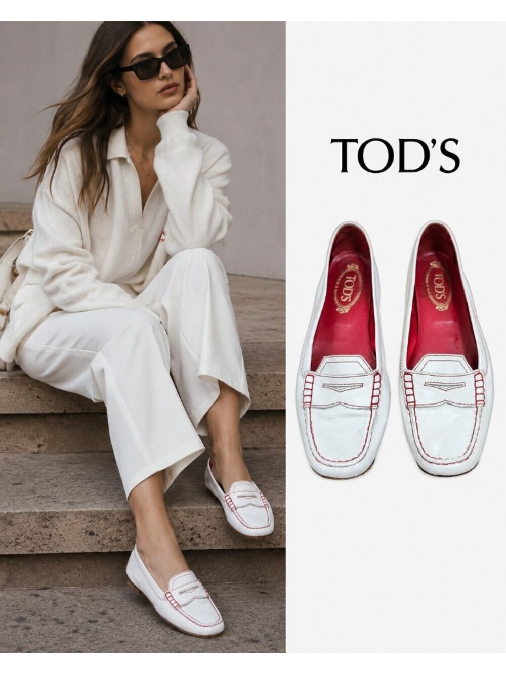 TOD'S White Leather Driving Loafers Red Contrast Stitch Penny Flats Women's 9.5